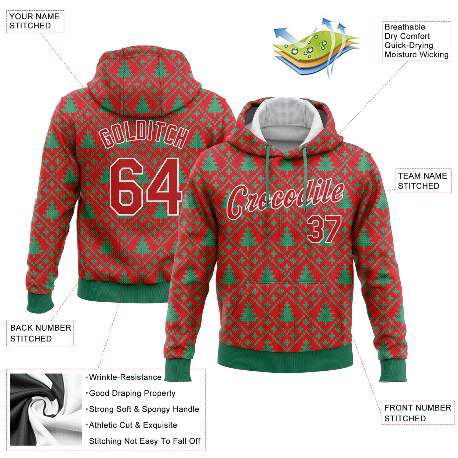 Custom Stitched Red Red-Kelly Green 3D Christmas Trees Sports Pullover Sweatshirt Hoodie - Image 2