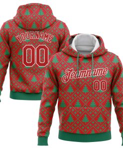 Custom Stitched Red Red-Kelly Green 3D Christmas Trees Sports Pullover Sweatshirt Hoodie