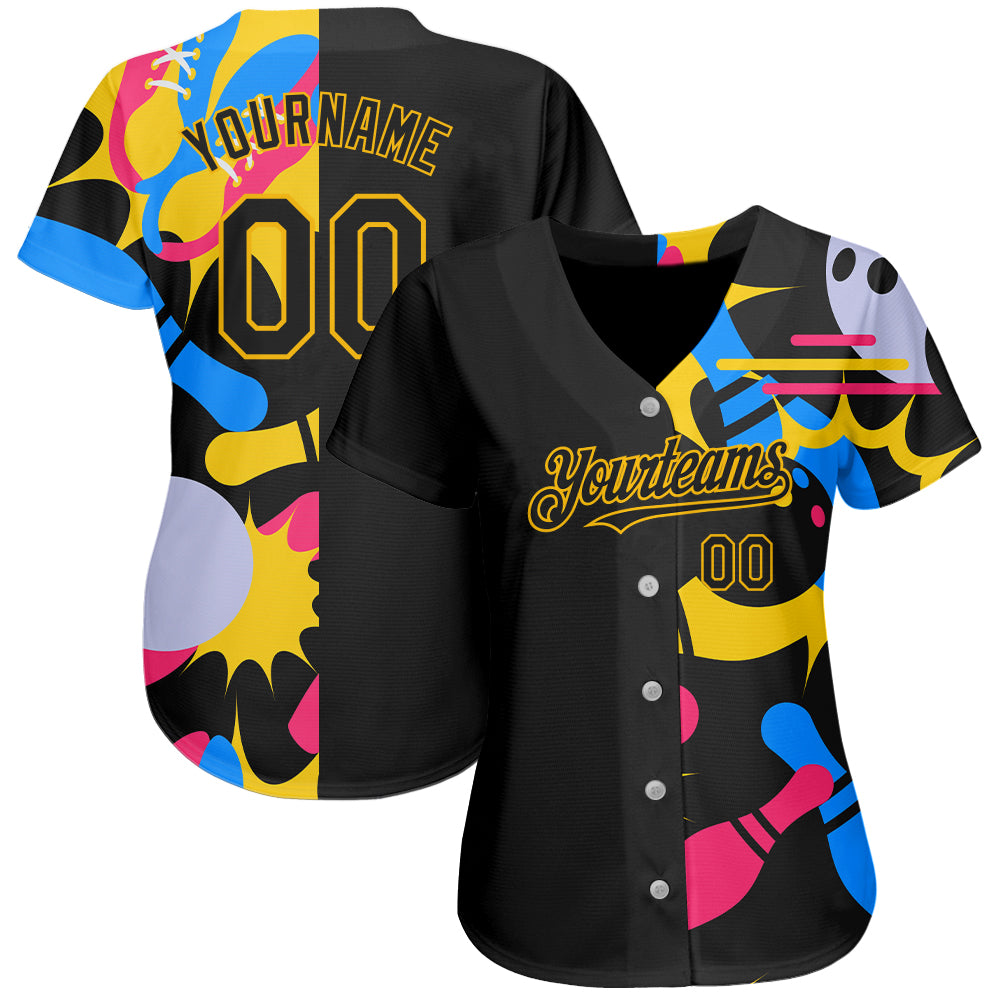 Custom Black Yellow 3D Pattern Design Bowling Authentic Jersey - Image 2