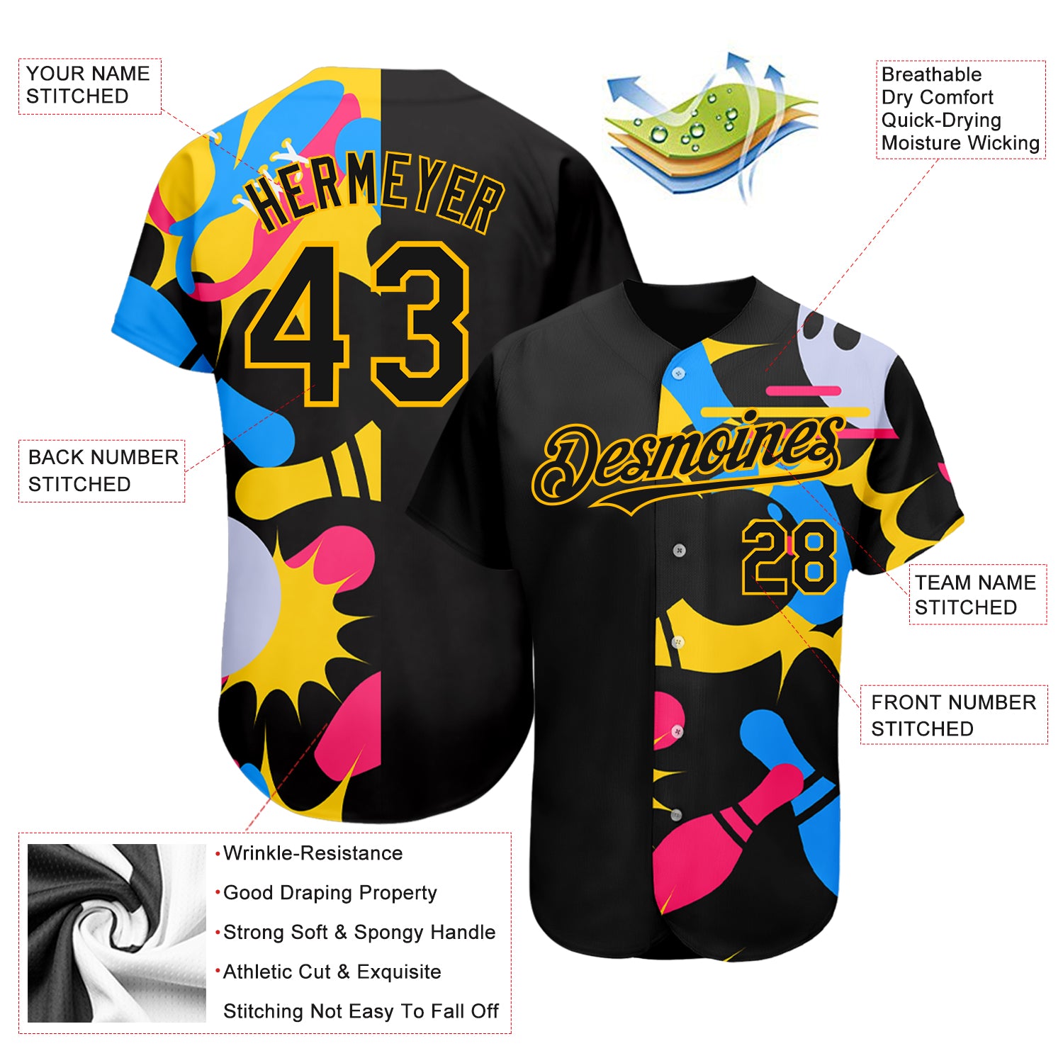 Custom Black Yellow 3D Pattern Design Bowling Authentic Jersey - Image 3