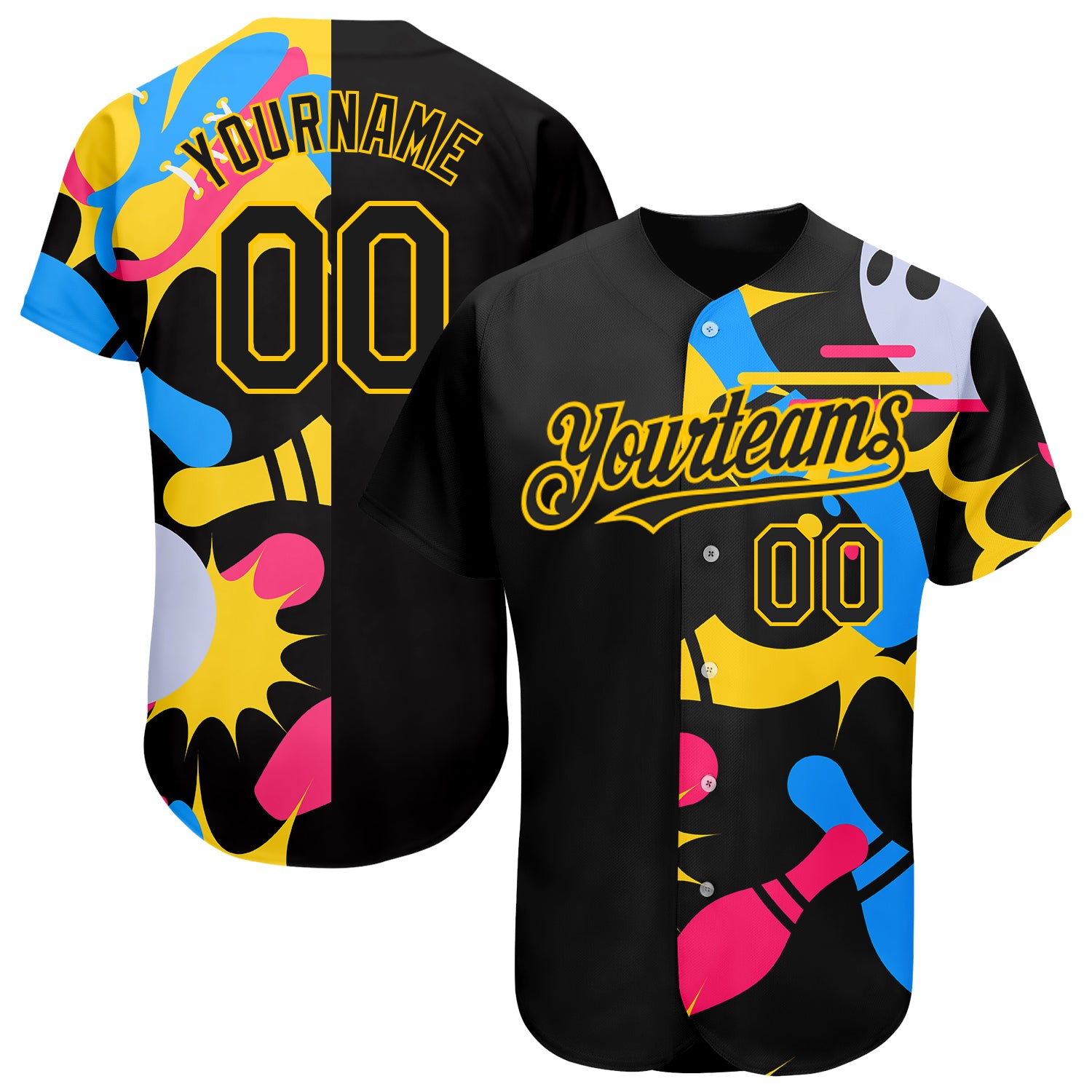 Custom Black Yellow 3D Pattern Design Bowling Authentic Jersey