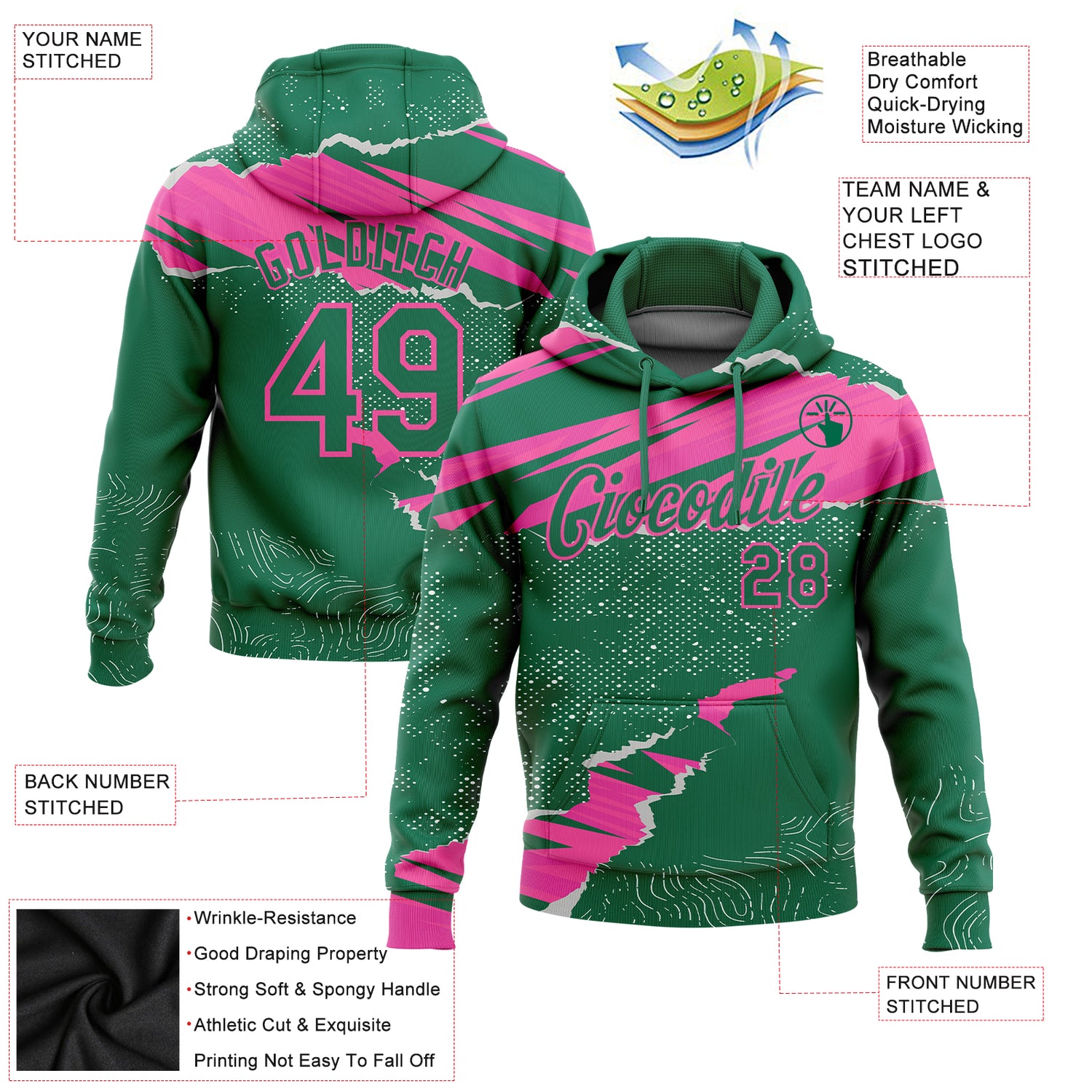Custom Stitched Kelly Green Pink 3D Pattern Design Torn Paper Style Sports Pullover Sweatshirt Hoodie - Image 2