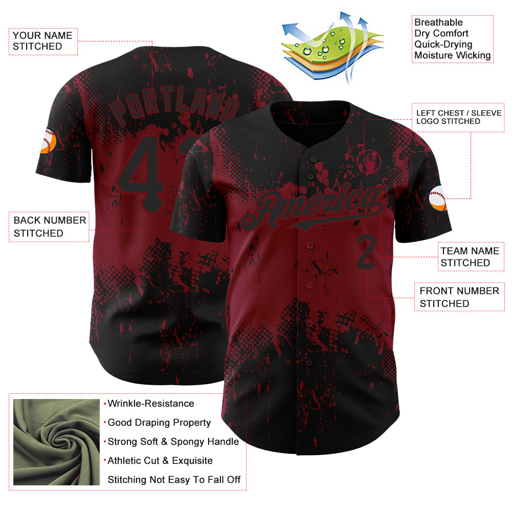Custom Black Crimson 3D Pattern Design Abstract Splatter Grunge Art Authentic Jersey - Image 3