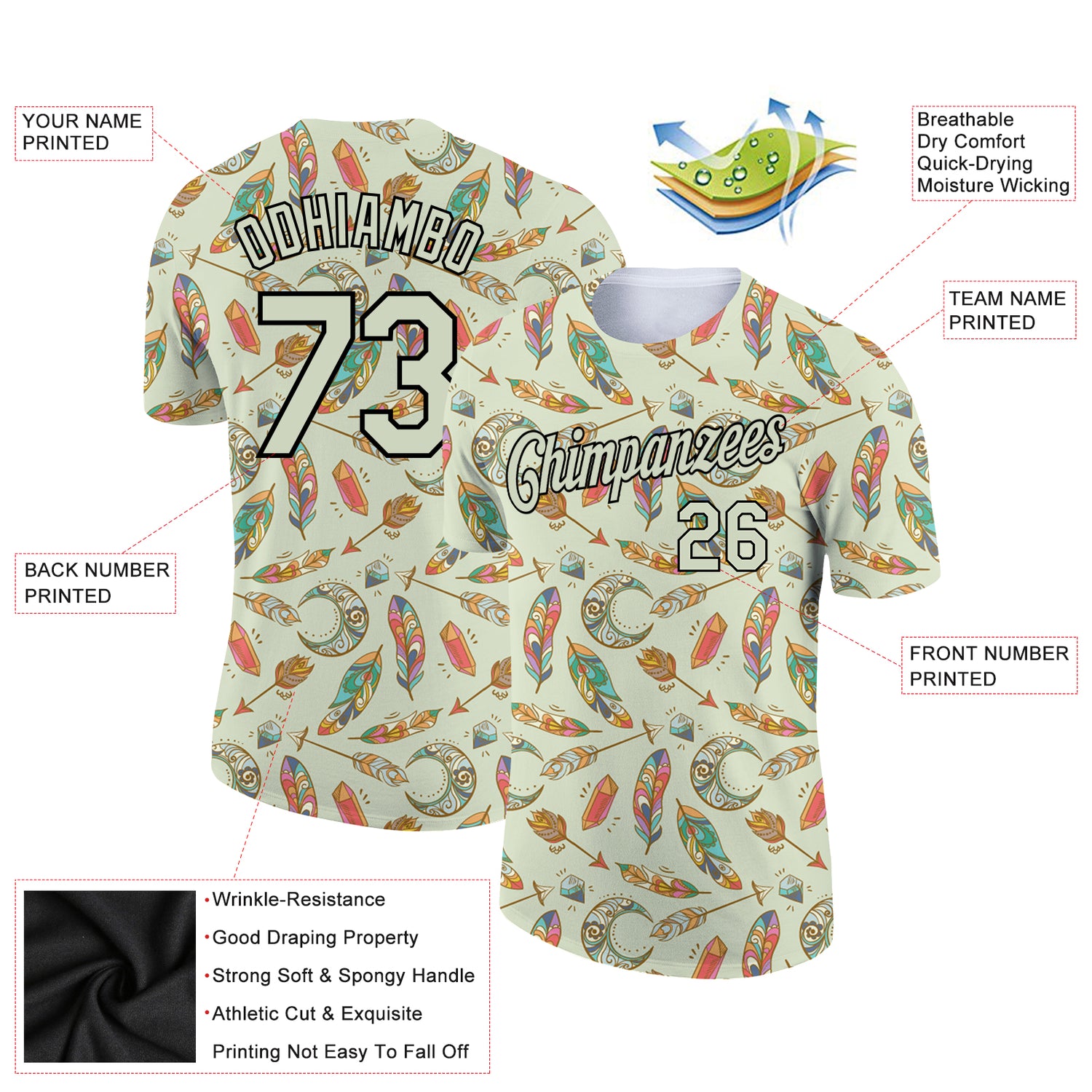 Custom Pea Green Black 3D Pattern Design Boho Style Performance T-Shirt - Image 2
