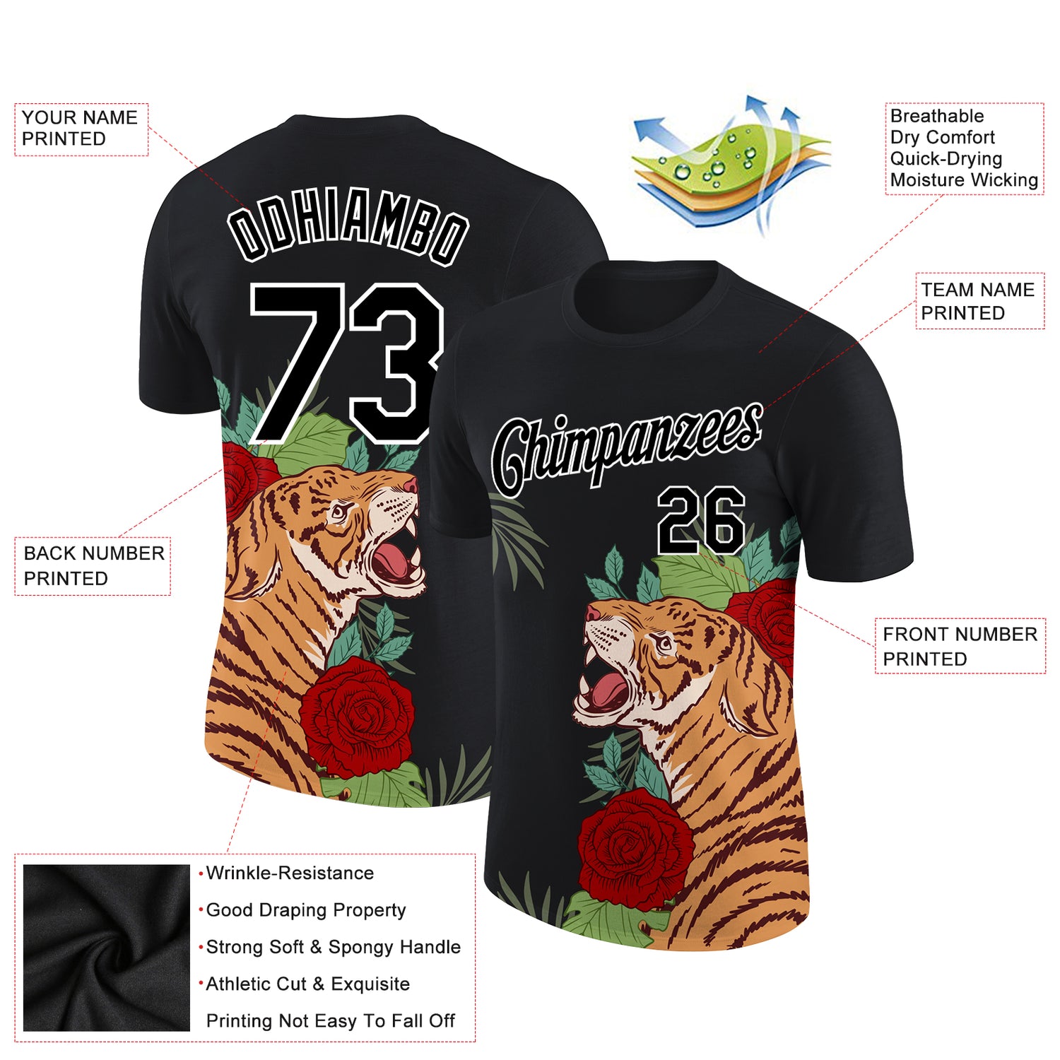 Custom Black White 3D Pattern Design Tiger Performance T-Shirt - Image 2