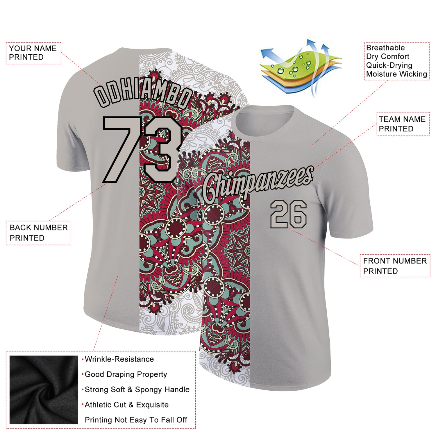 Custom Light Gray Black 3D Pattern Floral Design Performance T-Shirt - Image 2