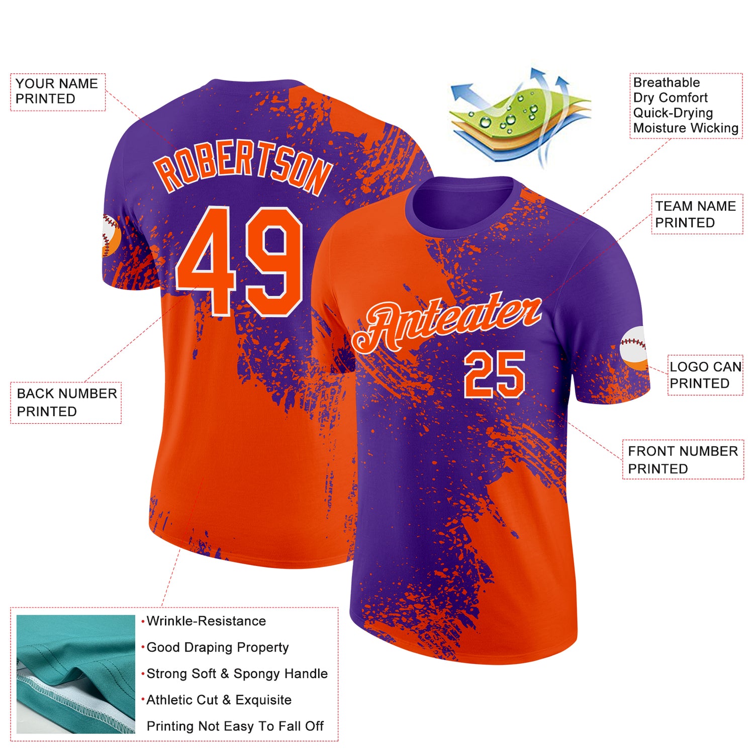 Custom Orange Purple-White 3D Pattern Design Abstract Brush Stroke Performance T-Shirt - Image 2