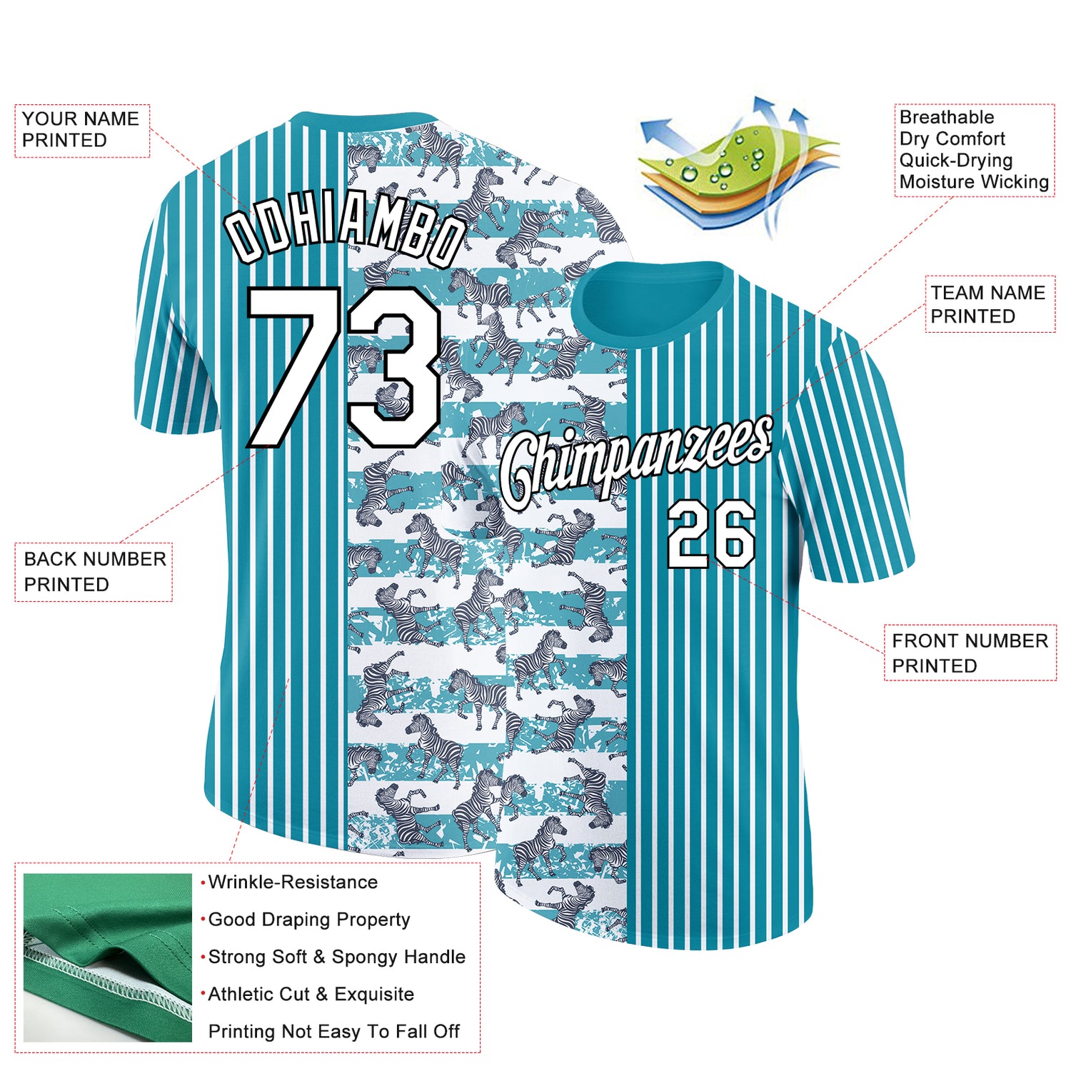 Custom Teal White-Black 3D Pattern Design Animal Zebra Performance T-Shirt - Image 2