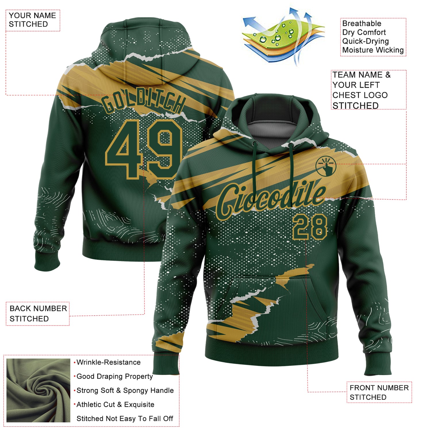 Custom Stitched Green Old Gold 3D Pattern Design Torn Paper Style Sports Pullover Sweatshirt Hoodie - Image 2