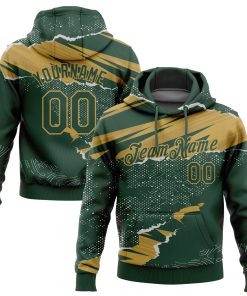 Custom Stitched Green Old Gold 3D Pattern Design Torn Paper Style Sports Pullover Sweatshirt Hoodie