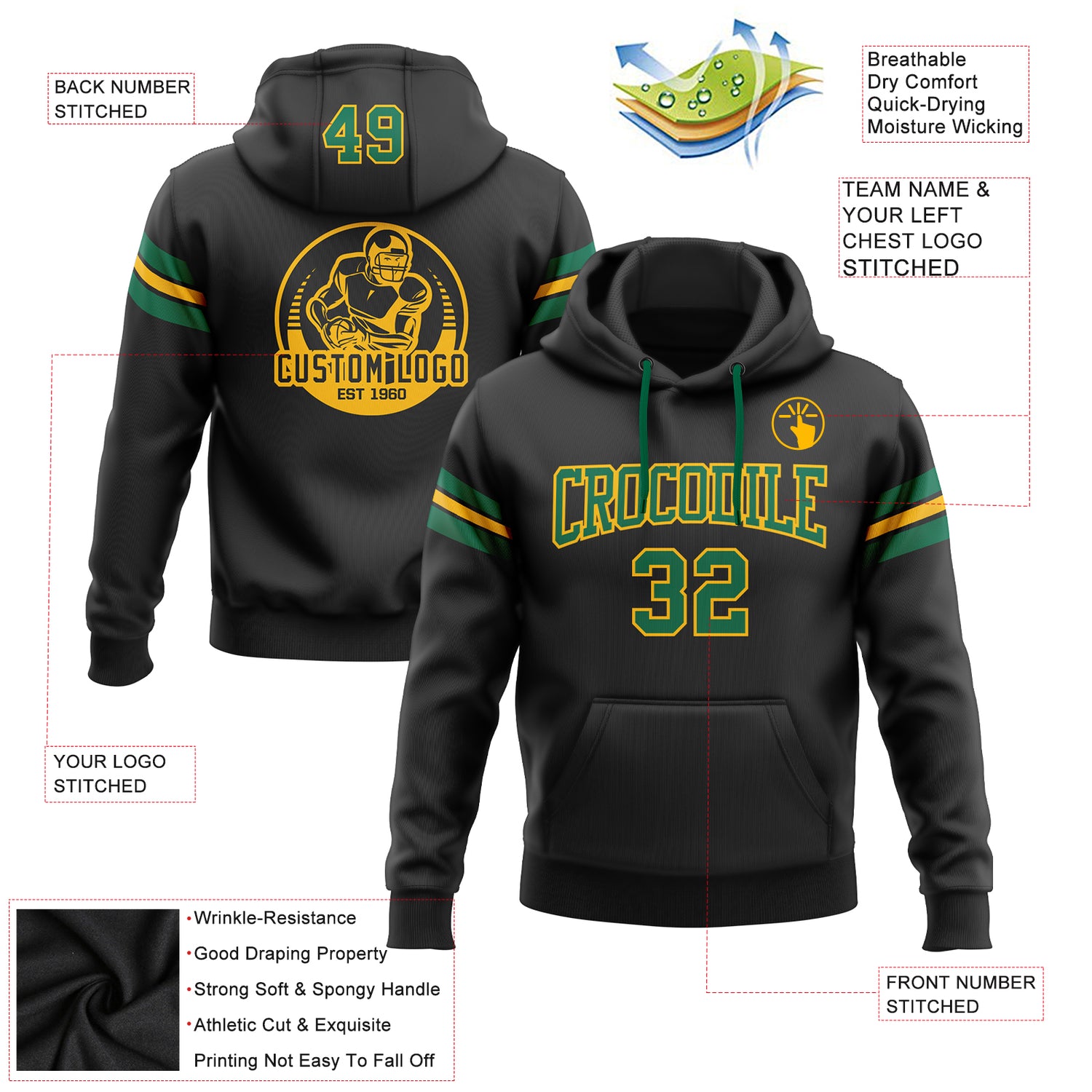 Custom Stitched Black Kelly Green-Gold Football Pullover Sweatshirt Hoodie - Image 2