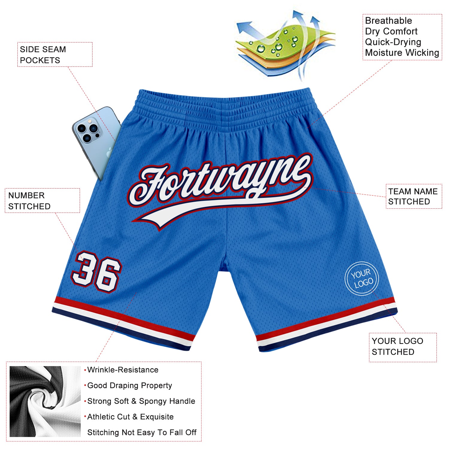 Custom Blue White Navy-Red Authentic Throwback Shorts - Image 2