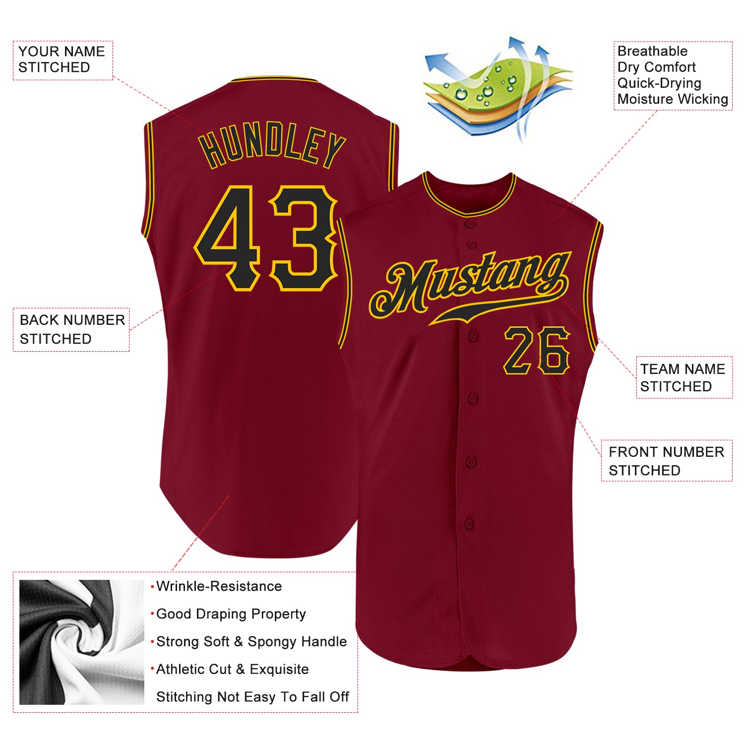 Custom Crimson Black-Gold Authentic Sleeveless Jersey - Image 2
