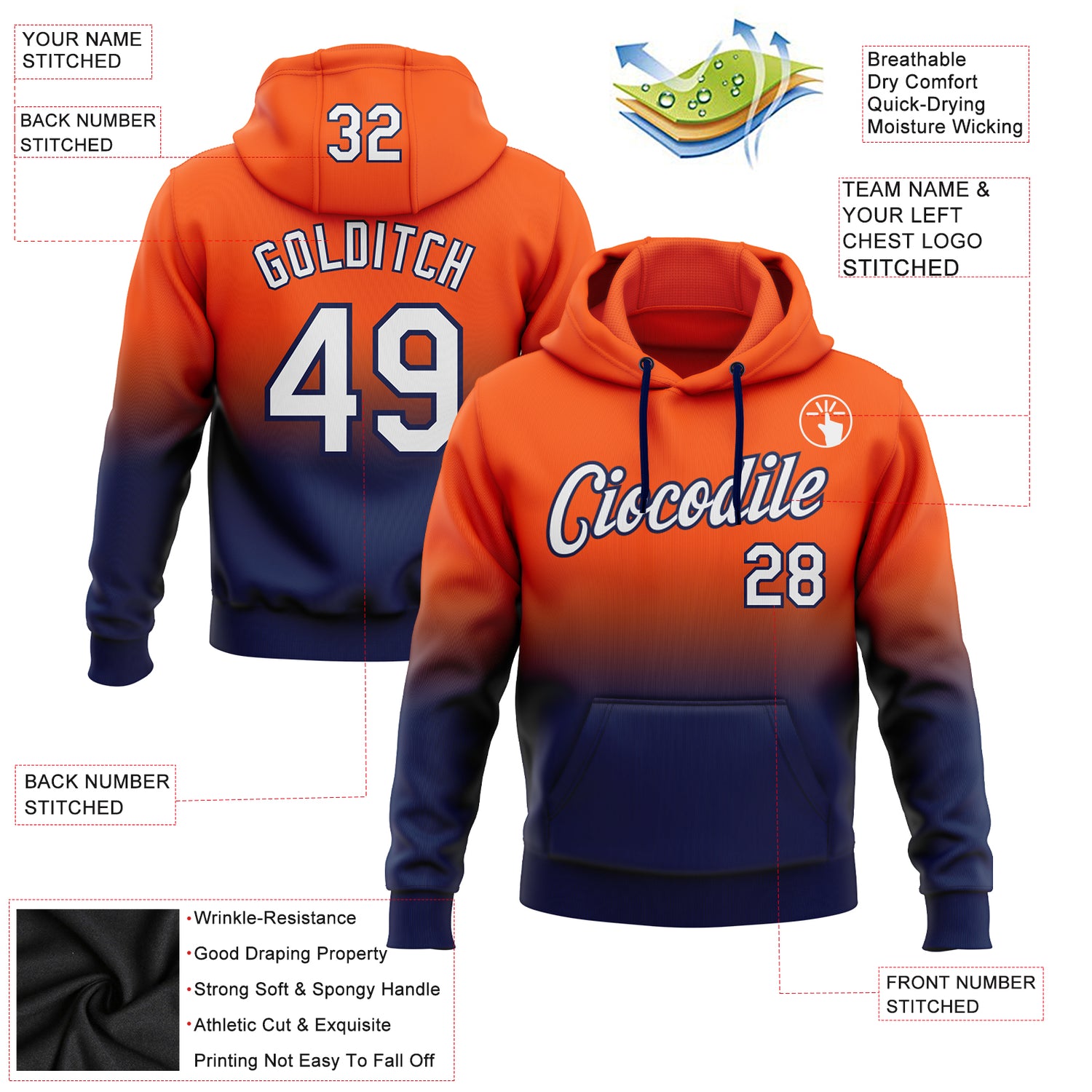 Custom Stitched Orange White-Navy Fade Fashion Sports Pullover Sweatshirt Hoodie - Image 2