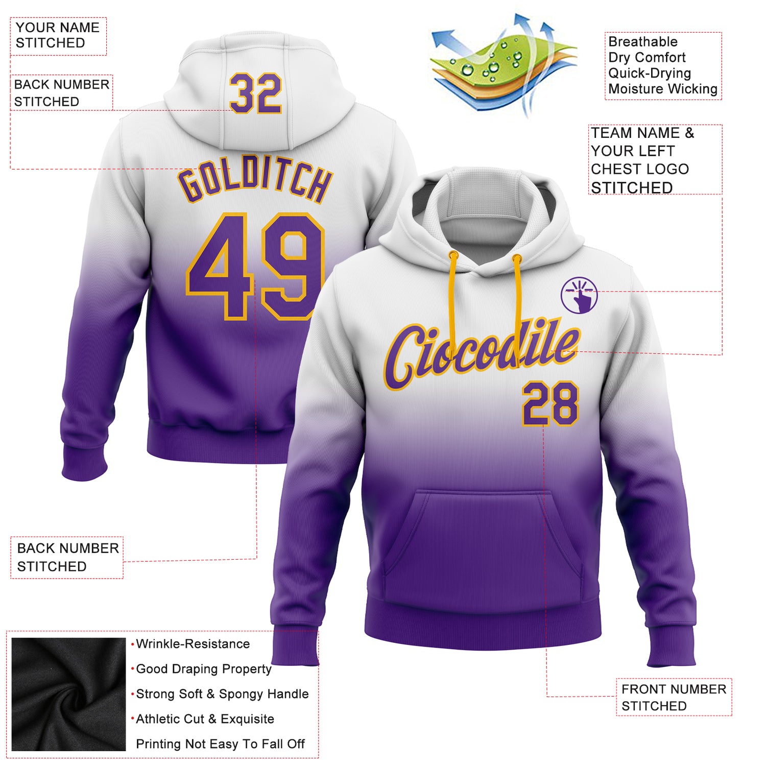 Custom Stitched White Purple-Gold Fade Fashion Sports Pullover Sweatshirt Hoodie - Image 2