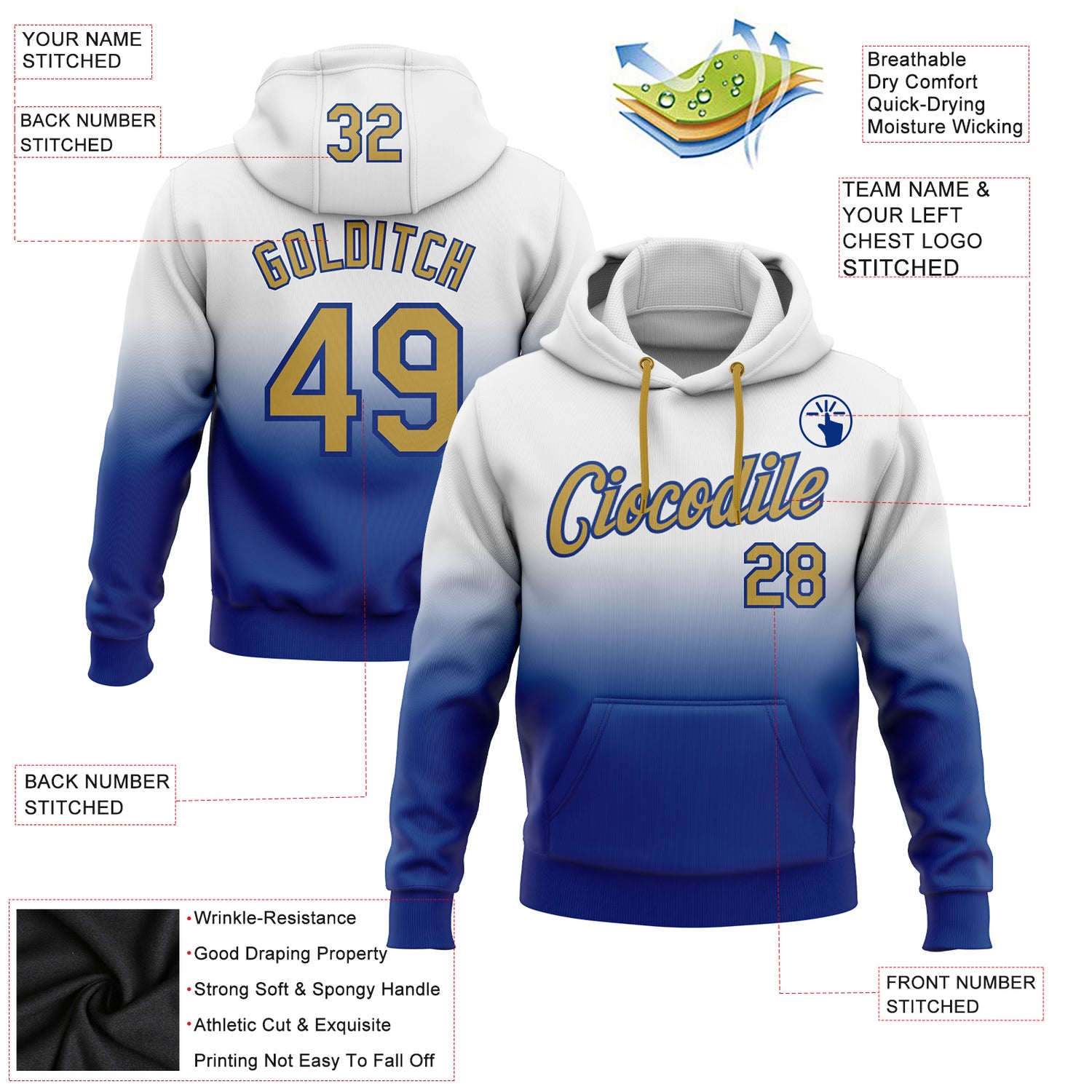 Custom Stitched White Old Gold-Royal Fade Fashion Sports Pullover Sweatshirt Hoodie - Image 2