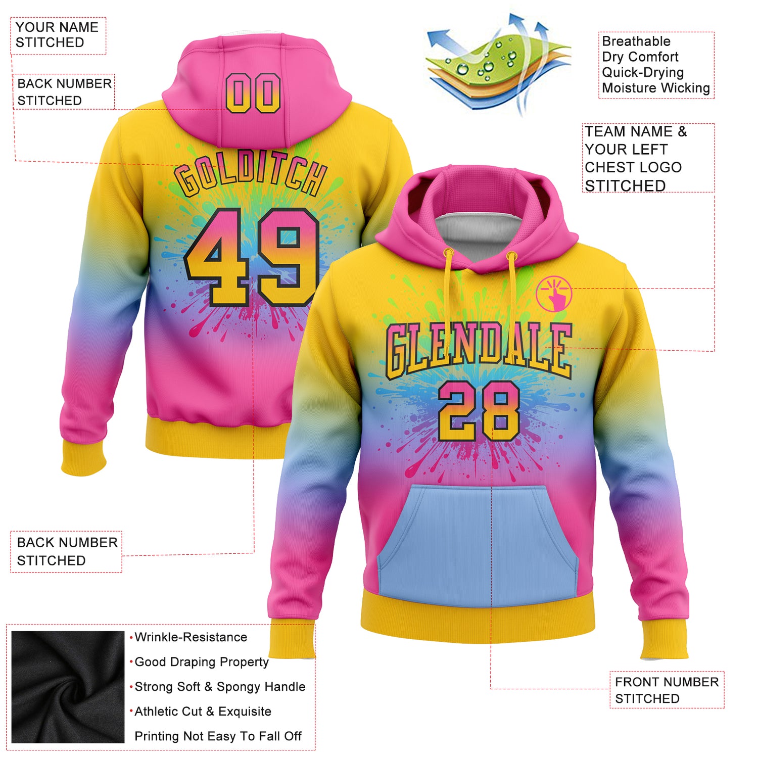 Custom Stitched Yellow Pink Light Blue-Black Fade Fashion Splash Sports Pullover Sweatshirt Hoodie - Image 2