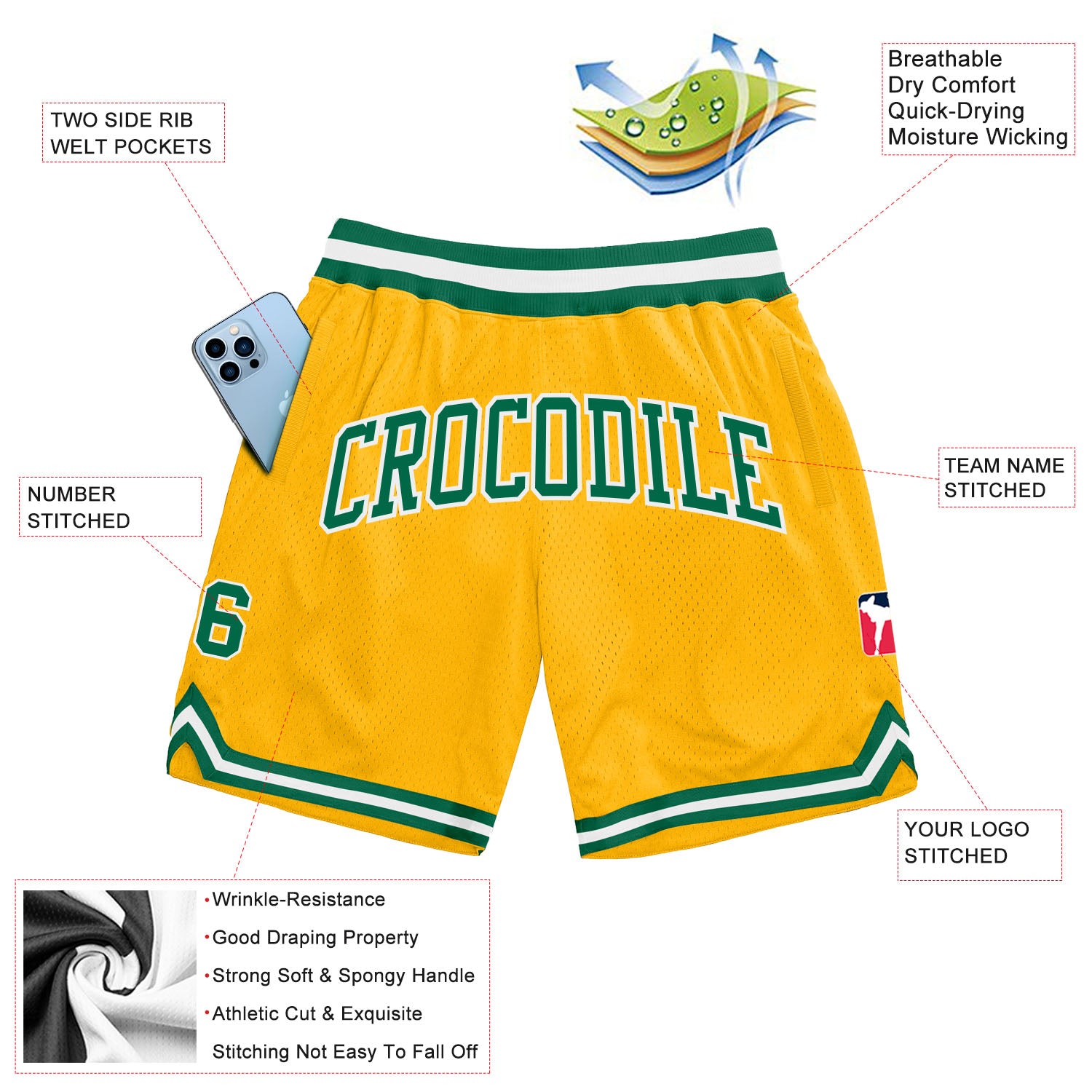 Custom Gold Kelly Green-White Authentic Throwback Shorts - Image 2
