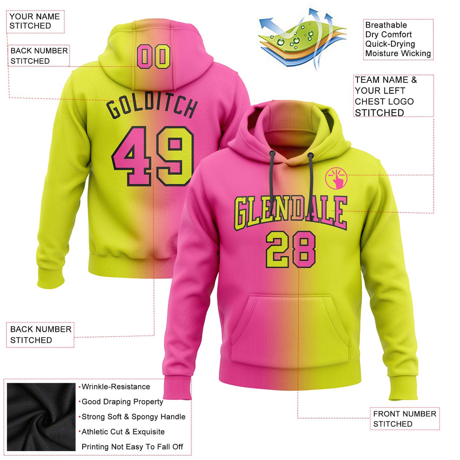 Custom Stitched Neon Yellow Pink-Black Gradient Fashion Sports Pullover Sweatshirt Hoodie - Image 2