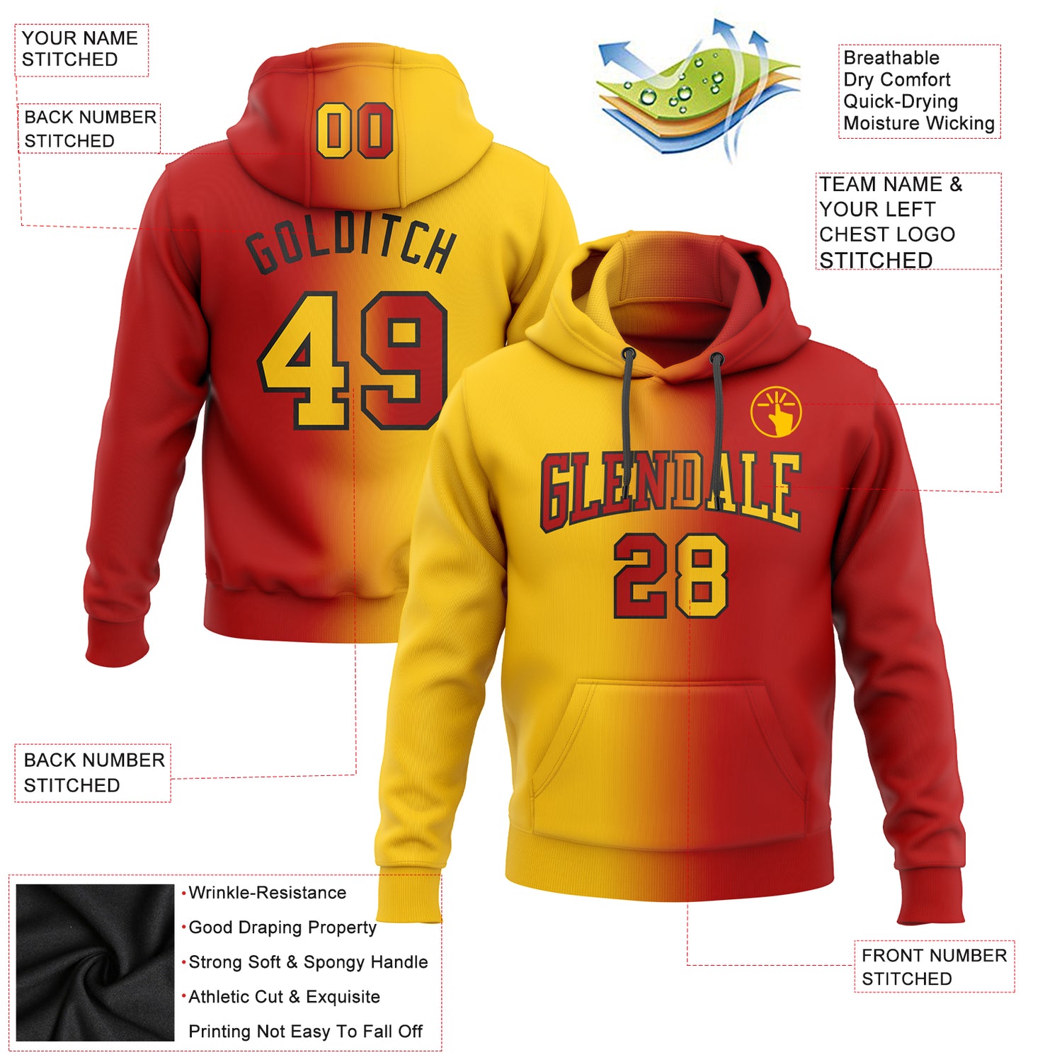 Custom Stitched Red Yellow-Black Gradient Fashion Sports Pullover Sweatshirt Hoodie - Image 2
