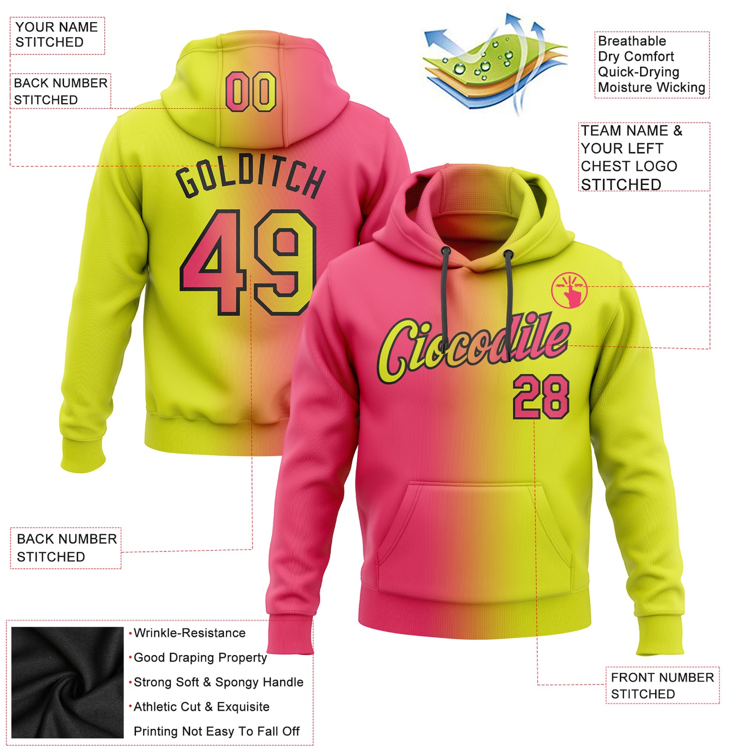 Custom Stitched Neon Yellow Neon Pink-Black Gradient Fashion Sports Pullover Sweatshirt Hoodie - Image 2