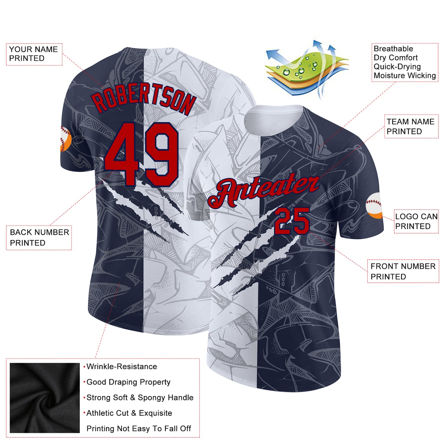 Custom Graffiti Pattern Red-Navy Scratch 3D Performance T-Shirt - Image 2