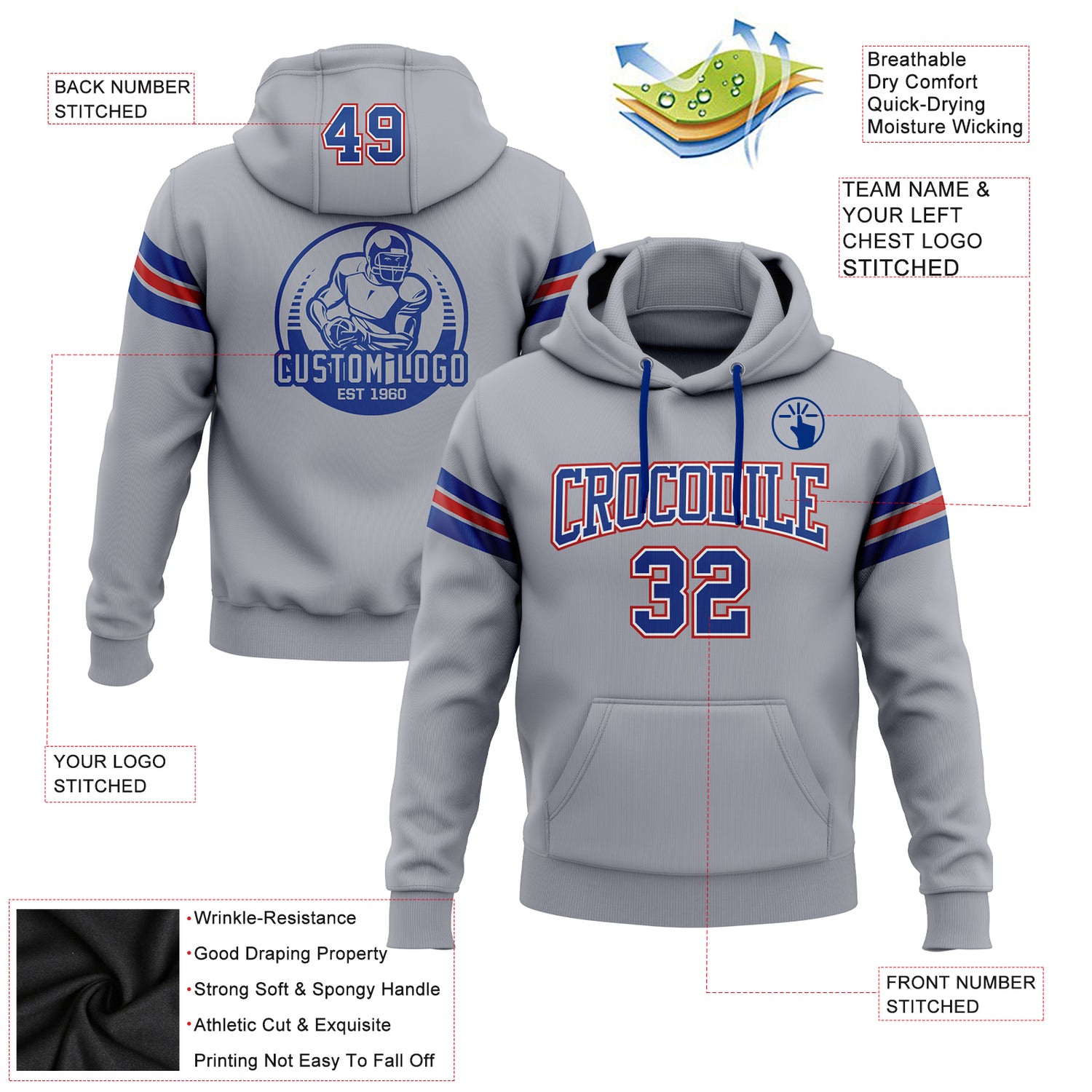 Custom Stitched Gray Royal-Red Football Pullover Sweatshirt Hoodie - Image 2