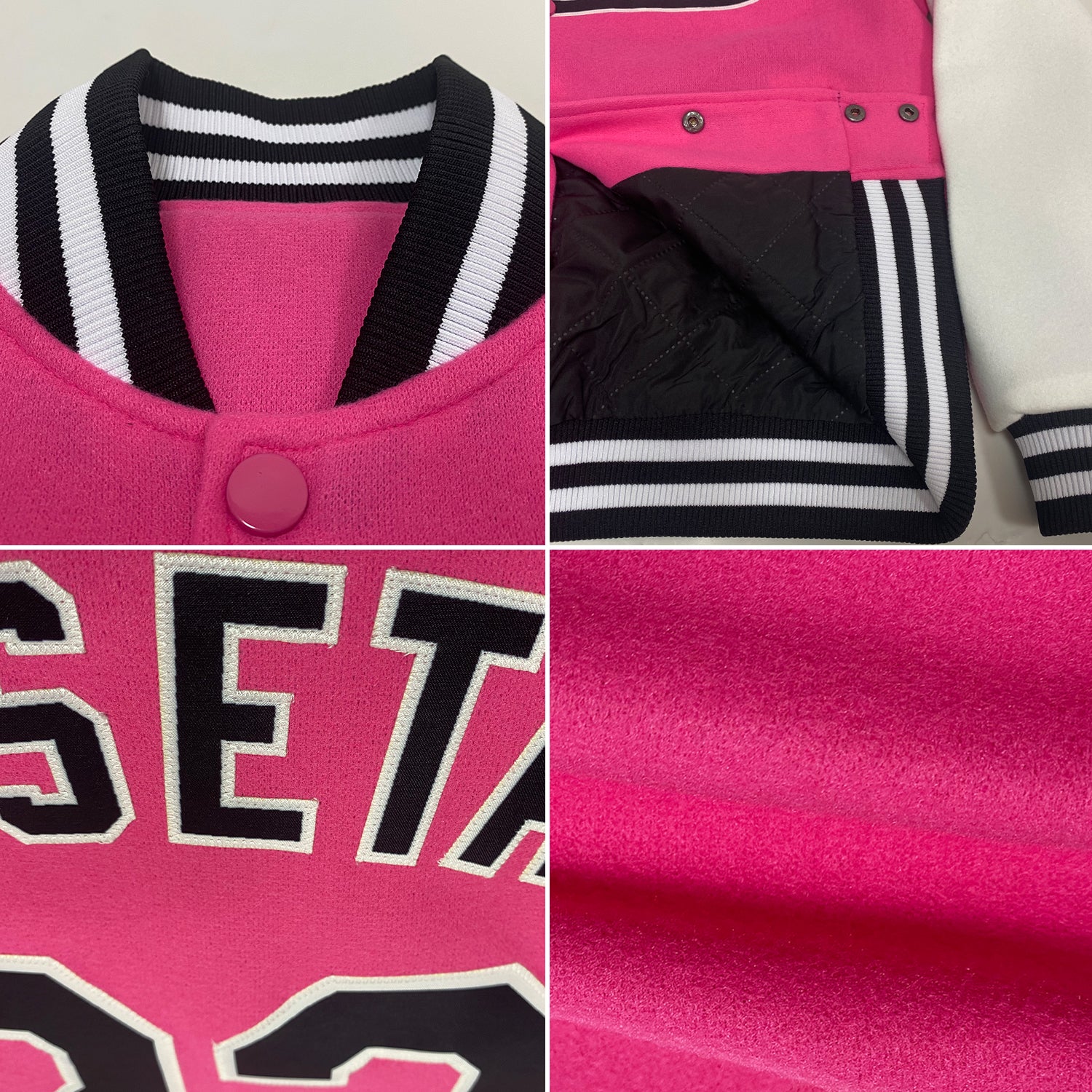 Custom Pink Black-White Bomber Full-Snap Varsity Letterman Two Tone Jacket - Image 2