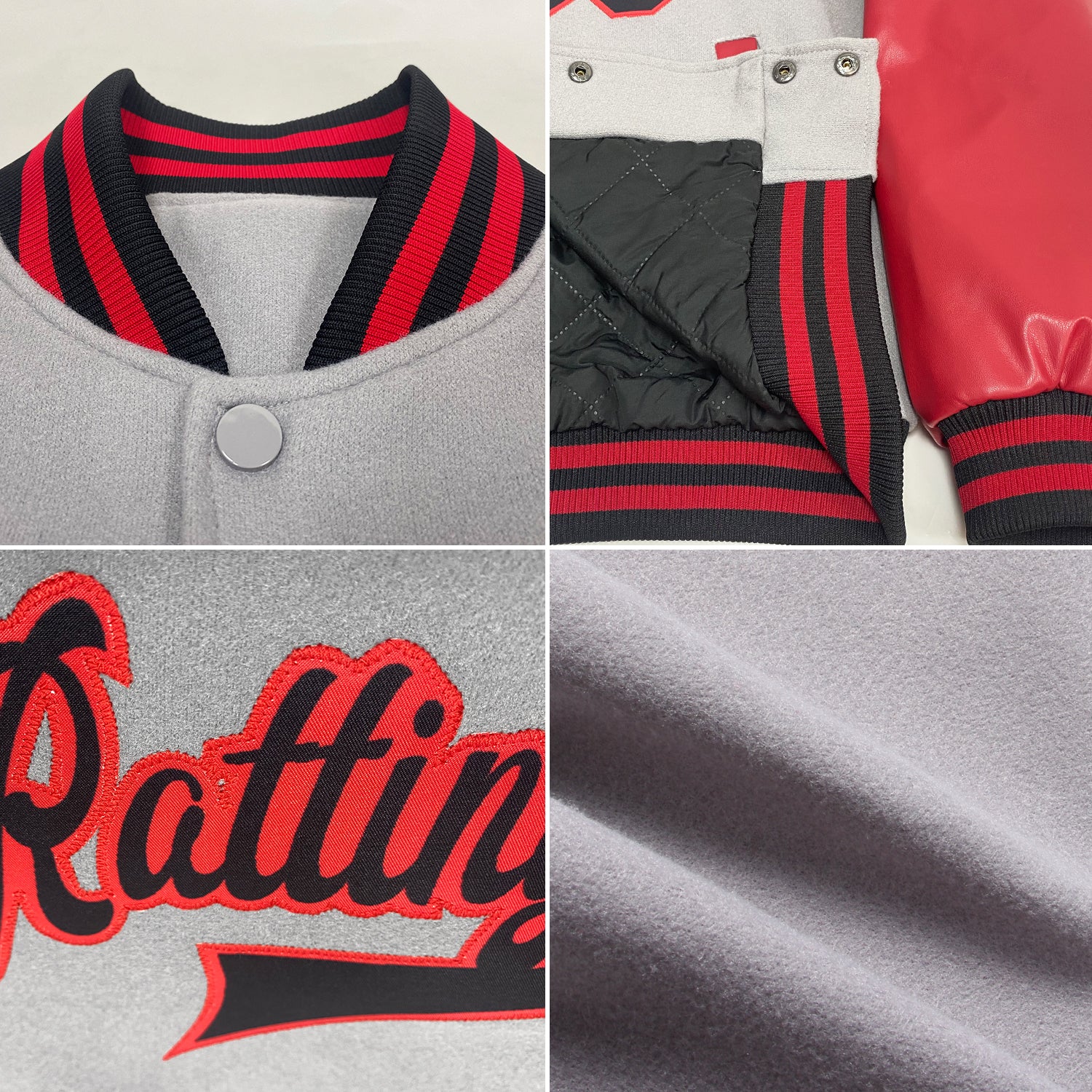 Custom Gray Black-Red Bomber Full-Snap Varsity Letterman Two Tone Jacket - Image 2