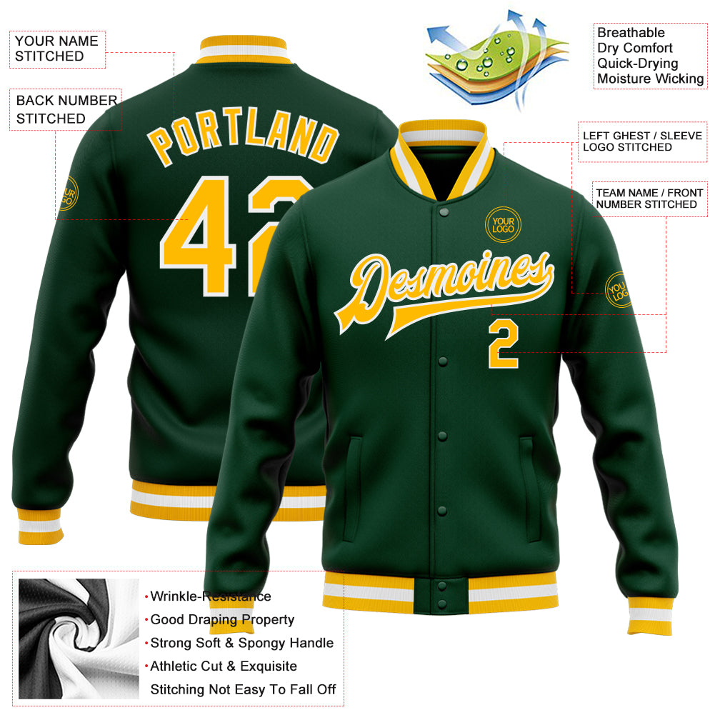 Custom Green Gold-White Bomber Full-Snap Varsity Letterman Jacket - Image 3