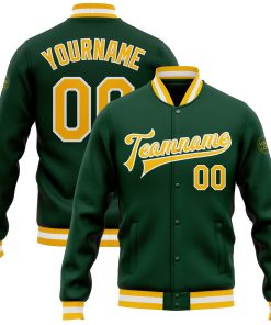 Custom Green Gold-White Bomber Full-Snap Varsity Letterman Jacket