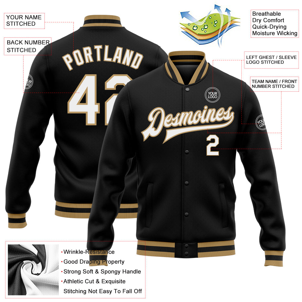 Custom Black White-Old Gold Bomber Full-Snap Varsity Letterman Jacket - Image 3