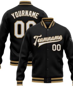 Custom Black White-Old Gold Bomber Full-Snap Varsity Letterman Jacket