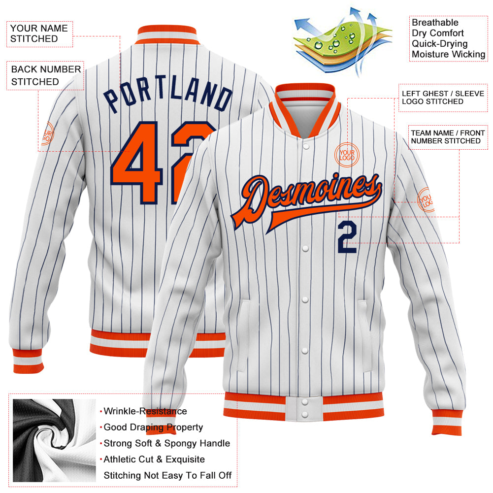 Custom White Navy Pinstripe Orange-Navy Bomber Full-Snap Varsity Letterman Jacket - Image 3