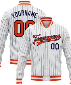 Custom White Navy Pinstripe Orange-Navy Bomber Full-Snap Varsity Letterman Jacket