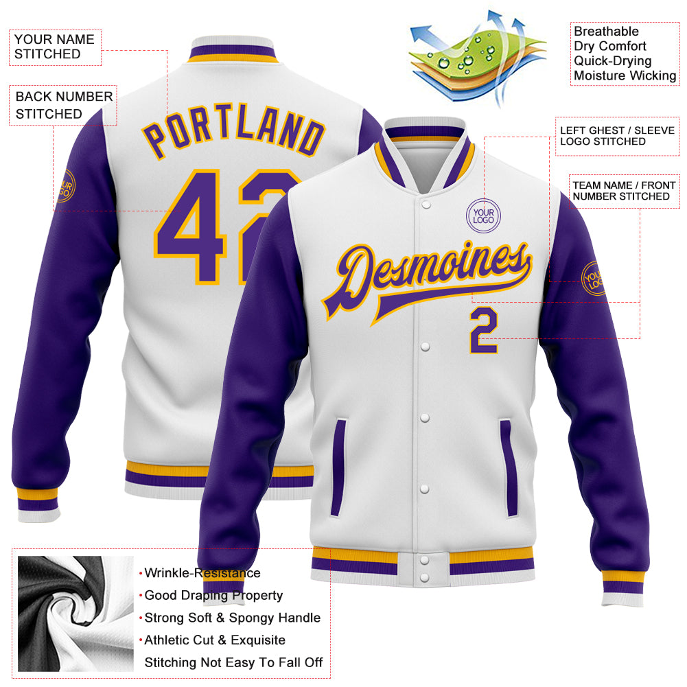 Custom White Purple-Gold Bomber Full-Snap Varsity Letterman Two Tone Jacket - Image 3