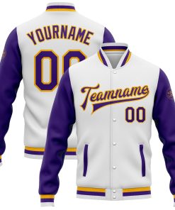 Custom White Purple-Gold Bomber Full-Snap Varsity Letterman Two Tone Jacket