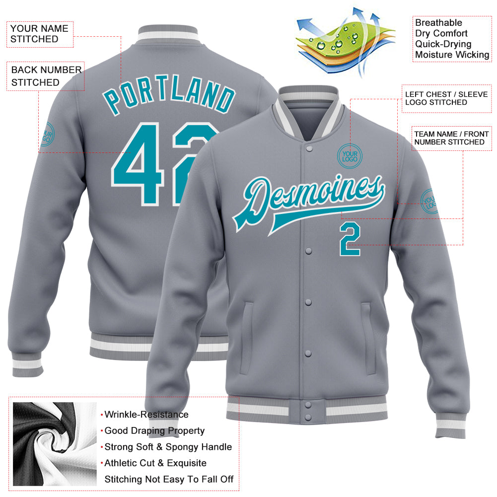 Custom Gray Teal-White Bomber Full-Snap Varsity Letterman Jacket - Image 3