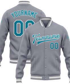 Custom Gray Teal-White Bomber Full-Snap Varsity Letterman Jacket