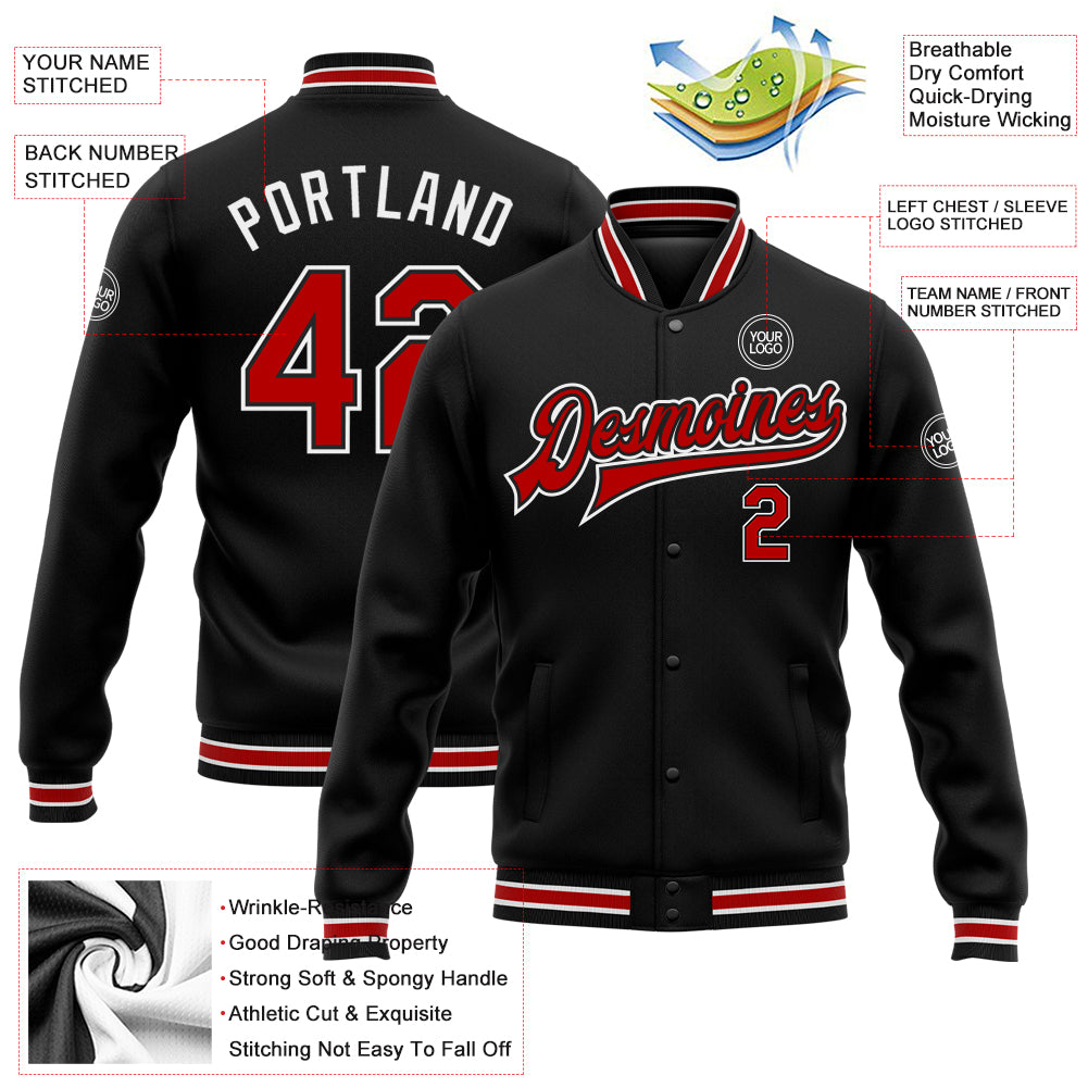 Custom Black Red-White Bomber Full-Snap Varsity Letterman Jacket - Image 3
