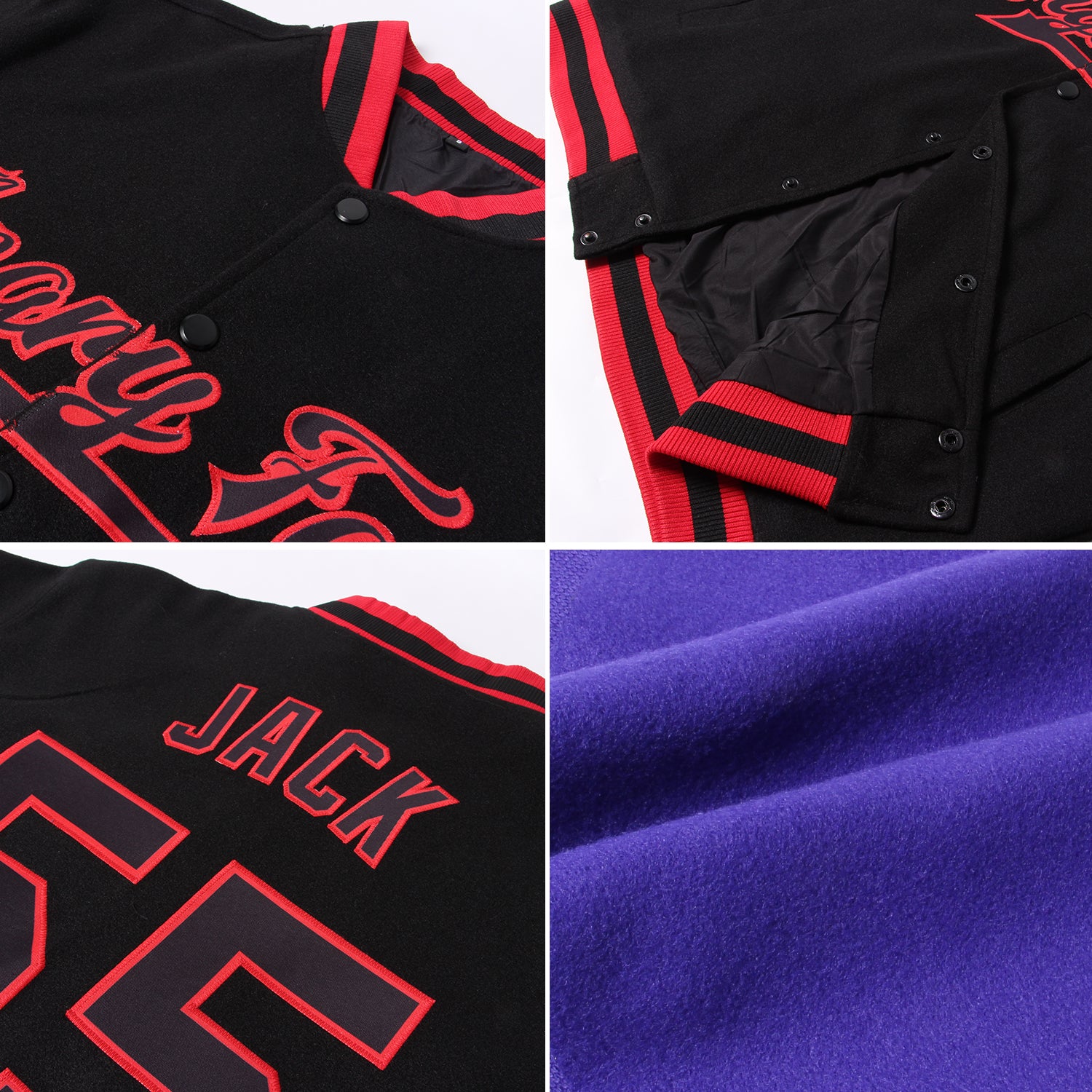 Custom Purple Gold=Black Bomber Full-Snap Varsity Letterman Jacket - Image 2