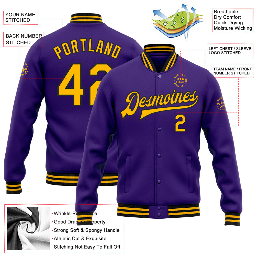 Custom Purple Gold=Black Bomber Full-Snap Varsity Letterman Jacket - Image 3
