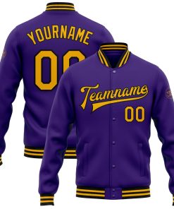 Custom Purple Gold=Black Bomber Full-Snap Varsity Letterman Jacket
