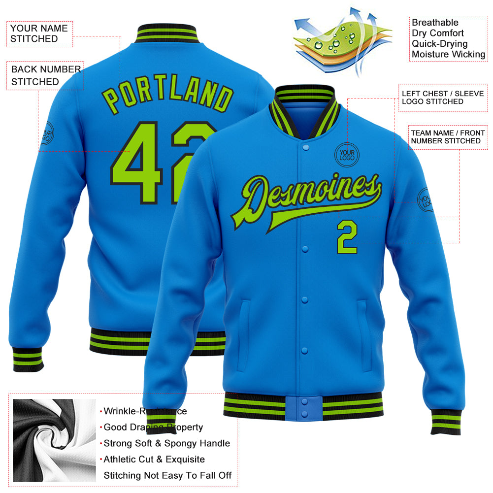 Custom Powder Blue Neon Green-Black Bomber Full-Snap Varsity Letterman Jacket - Image 3