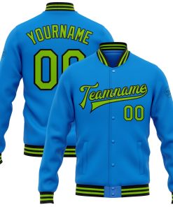 Custom Powder Blue Neon Green-Black Bomber Full-Snap Varsity Letterman Jacket