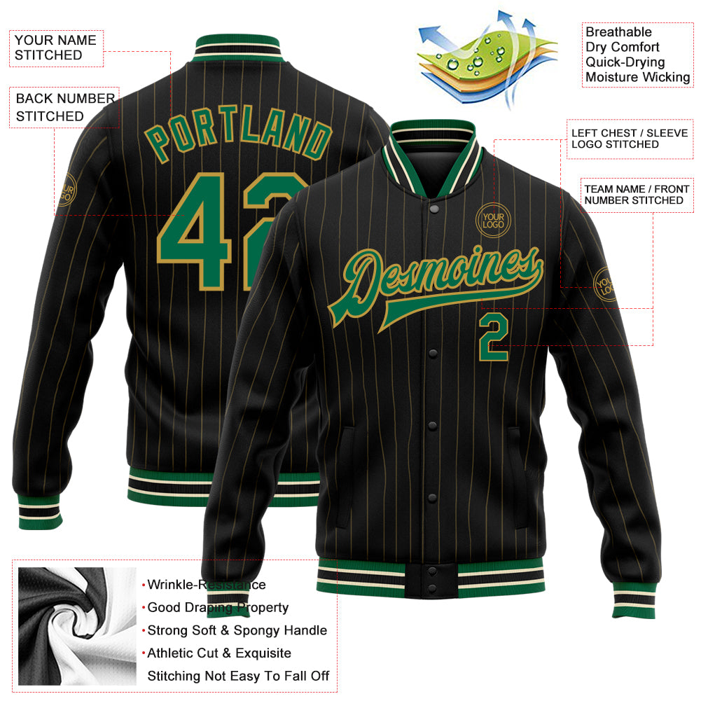 Custom Black Old Gold Pinstripe Kelly Green-Cream Bomber Full-Snap Varsity Letterman Jacket - Image 3