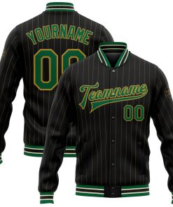 Custom Black Old Gold Pinstripe Kelly Green-Cream Bomber Full-Snap Varsity Letterman Jacket