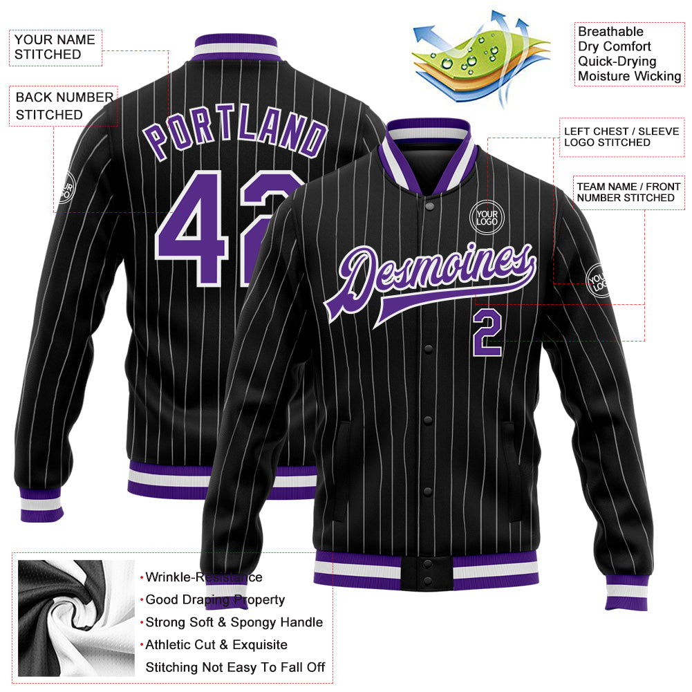 Custom Black White Pinstripe Purple Bomber Full-Snap Varsity Letterman Jacket - Image 3