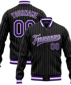 Custom Black White Pinstripe Purple Bomber Full-Snap Varsity Letterman Jacket