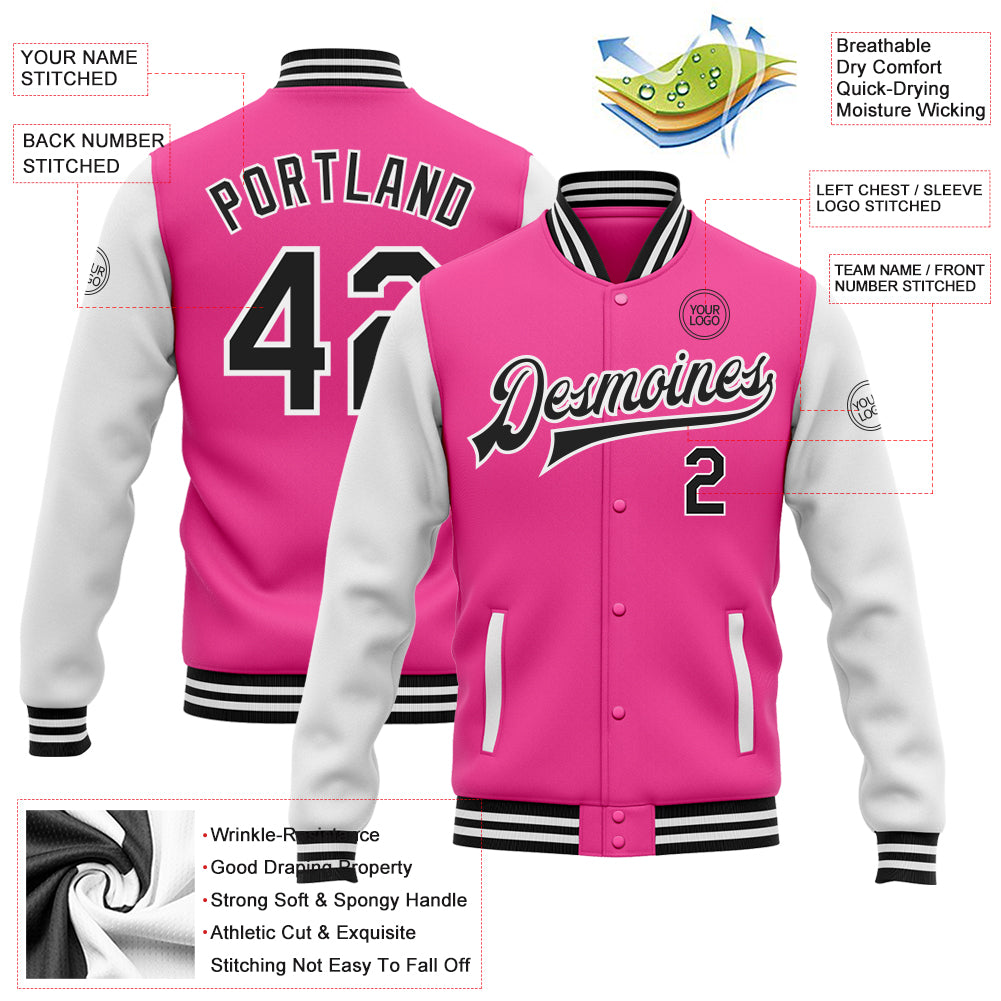 Custom Pink Black-White Bomber Full-Snap Varsity Letterman Two Tone Jacket - Image 3